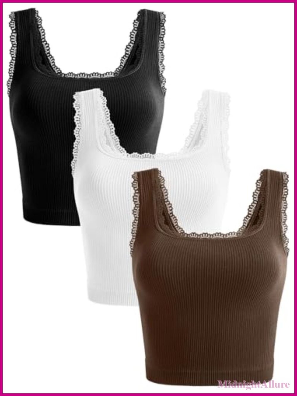 3 Pack Crop Tank Tops Square Neck Lace Trim Ribbed Cami